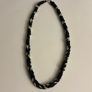 Vintage faux pearl and black bead braided rope necklace early 1990’s hangs 14”